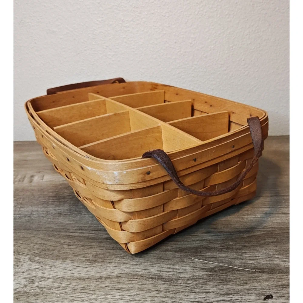 Longaberger 1995 Storage Solutions‎ Woven Wood Basket 8 Leather Handles Signed